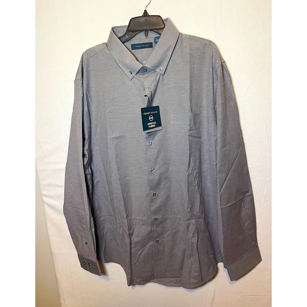 Perry Ellis Gray Solid Stretch Button-Down Dress Shirt Mens Big & Tall 3XL